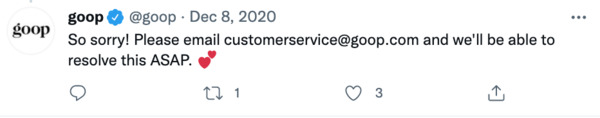 Goop twitter answering a customer complaint.